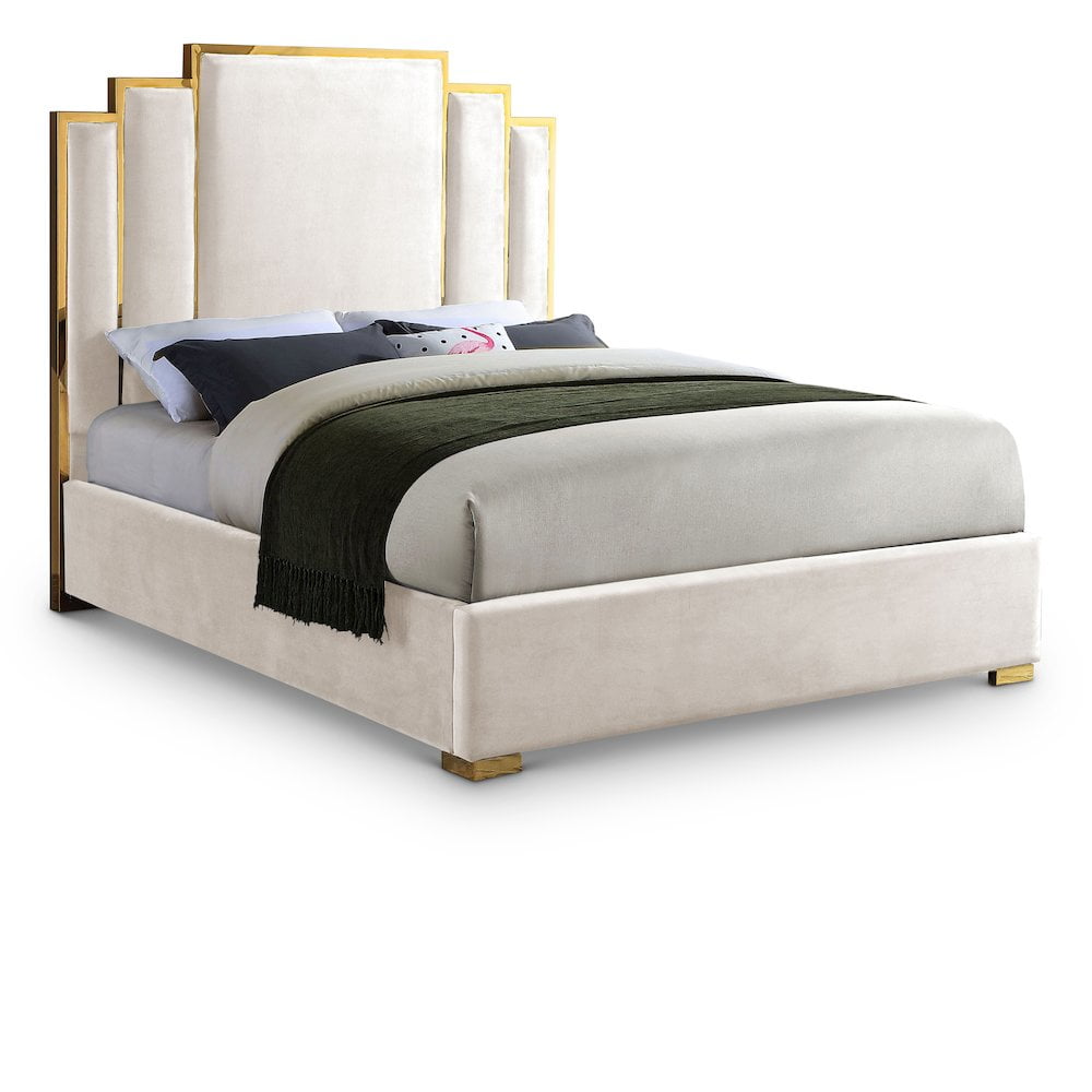 Cream Velvet King Bed with Gold Metal Frame and Headboard