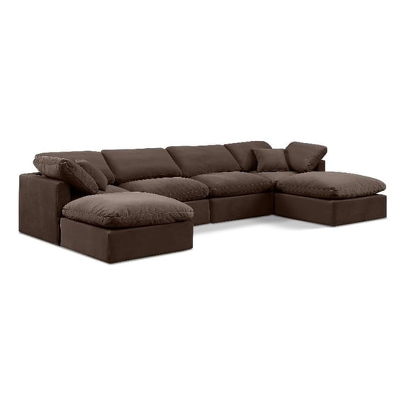 Meridian Furniture Indulge 129" Velvet U-Shaped Modular Sectional in Brown