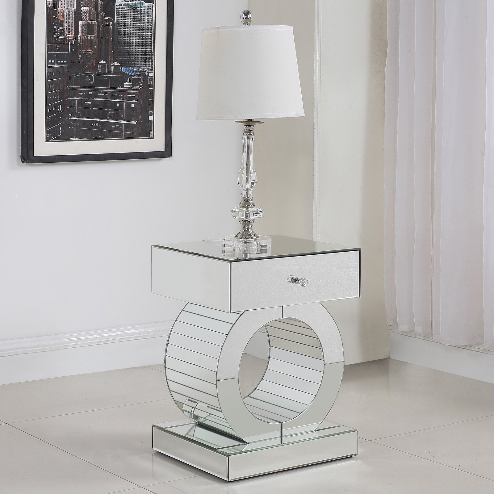 Chic Mirrored Geometric Wood and Glass End Table with Storage
