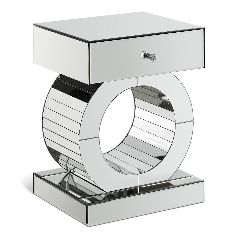Chic Mirrored Geometric Wood and Glass End Table with Storage