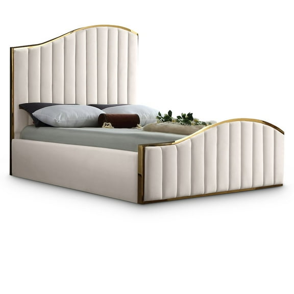 Meridian Furniture Jolie Solid Wood and Velvet Queen Bed in Cream