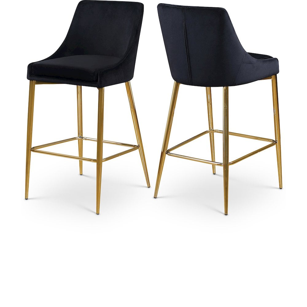 Contemporary Black Velvet Counter Stool with Polished Gold Metal Legs
