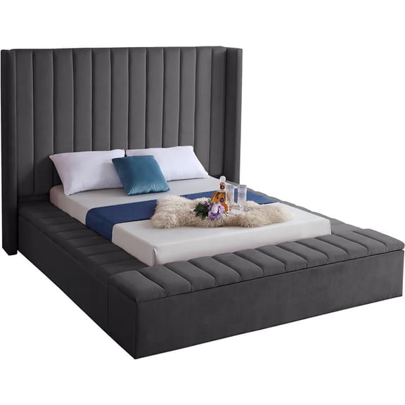 Meridian Furniture Kiki Full Size Channel Tufting Velvet Platform Beds with Storage Rails, Gray