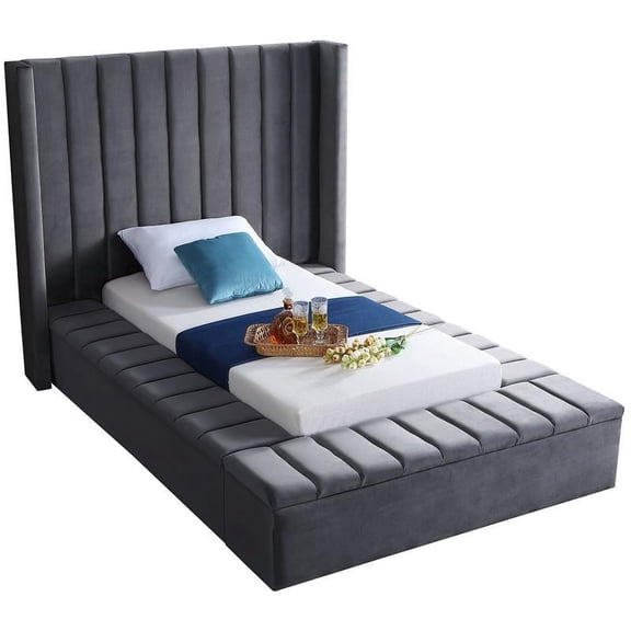 Meridian Furniture Kiki Solid Wood and Velvet Twin Bed in Gray