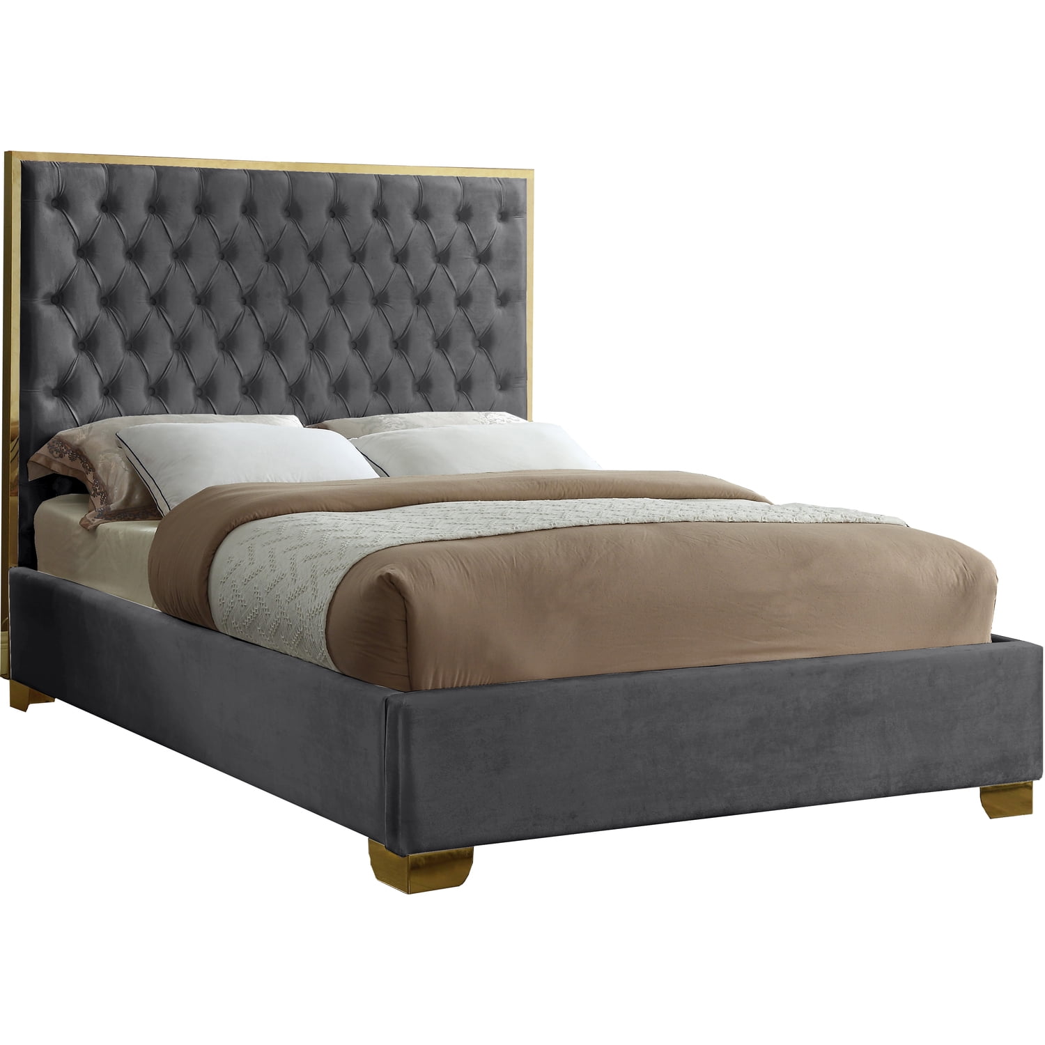 Queen Grey Velvet Upholstered Tufted Headboard Bed with Slats