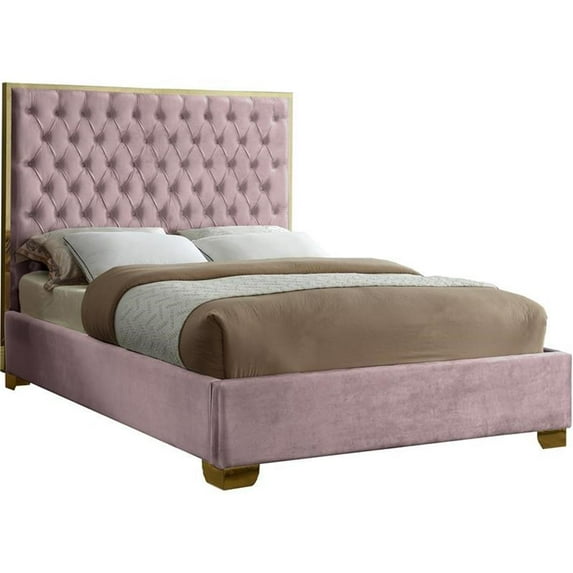 Meridian Furniture Lana Solid Wood and Velvet Queen Bed in Pink