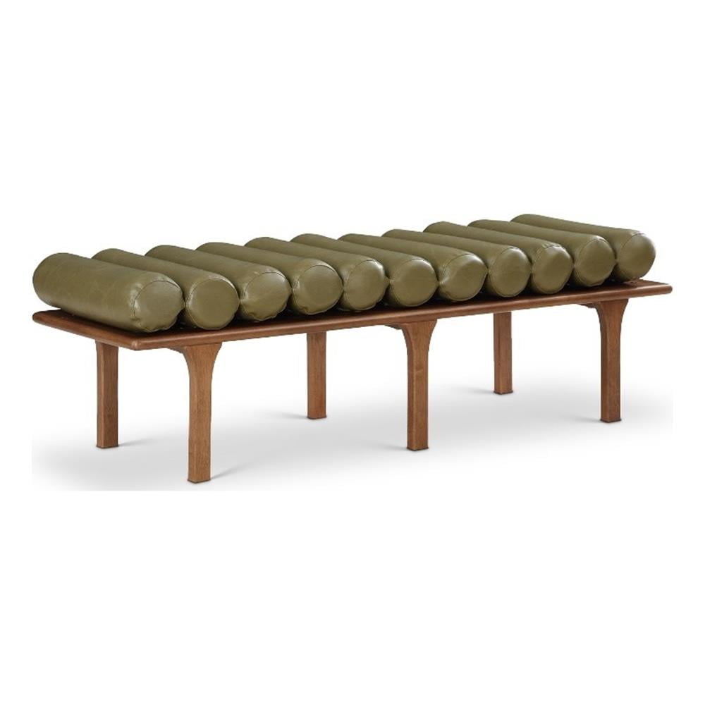 Olive Green Vegan Leather and Walnut Art Deco Bench