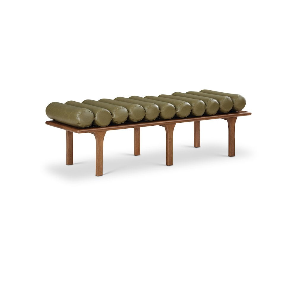 Olive Green Vegan Leather and Walnut Art Deco Bench