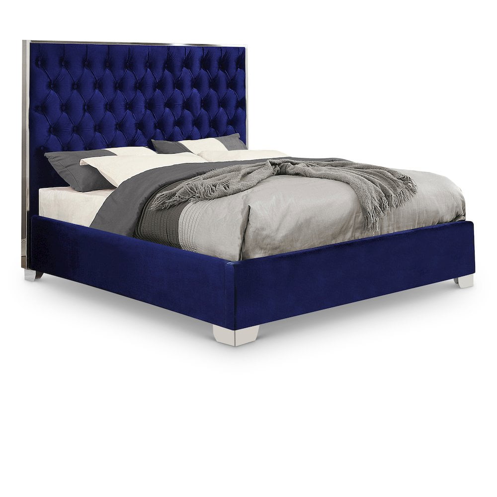 Luxurious Navy Velvet Full Bed with Deep Tufting and Chrome Legs