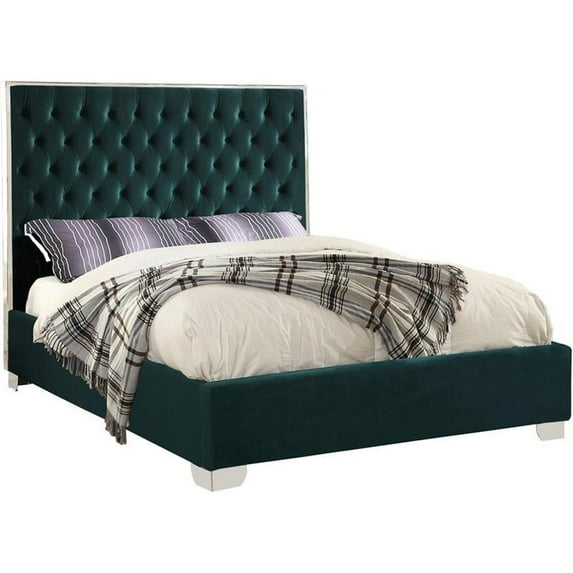 Meridian Furniture Lexi Solid Wood and Velvet Queen Bed in Green