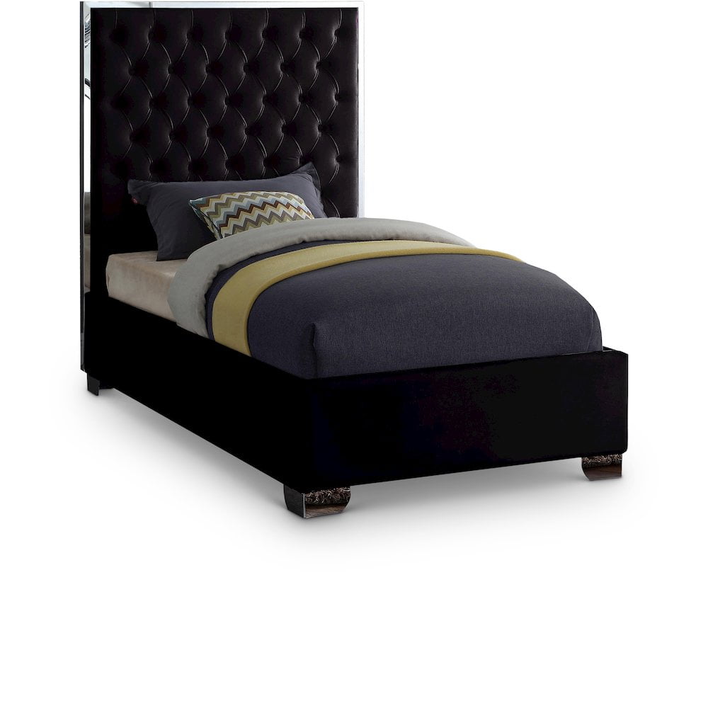 Luxurious Black Velvet Tufted Twin Bed with Wood Frame