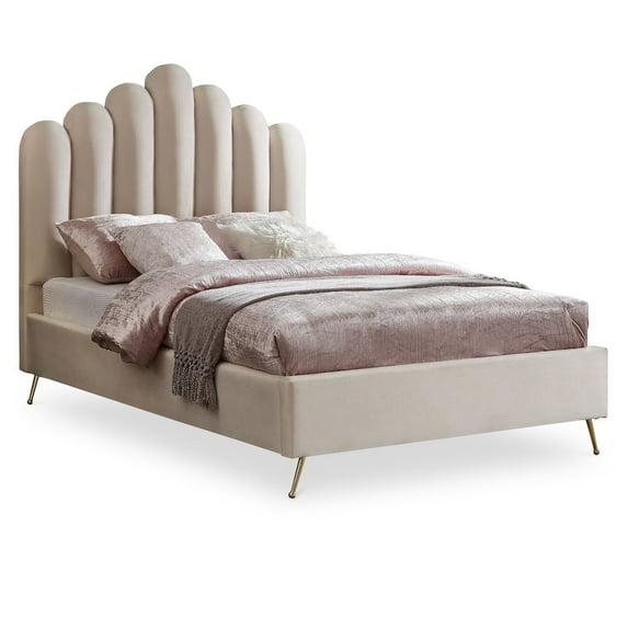 Meridian Furniture Lily Solid Wood and Tufted Velvet Full Bed in Cream