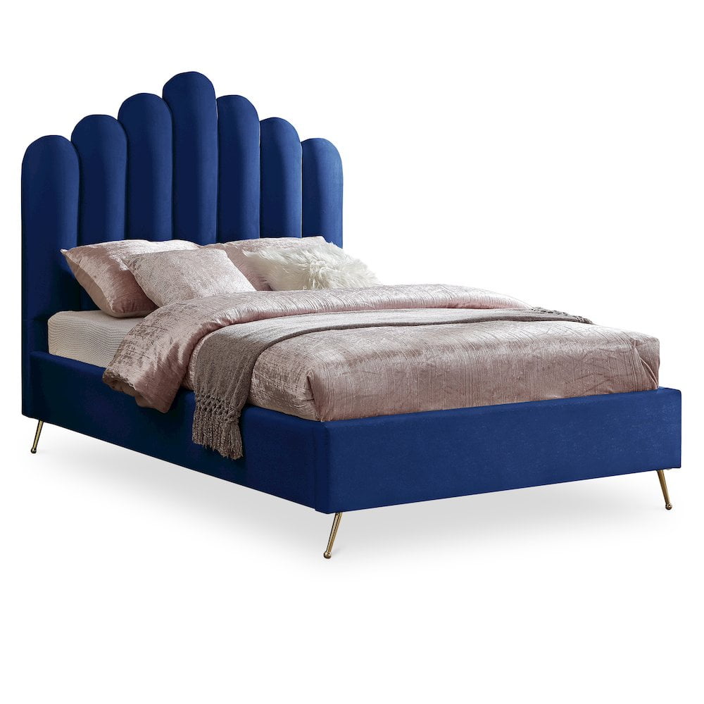 Navy Velvet Full Bed with Tufted Upholstered Headboard and Gold Legs