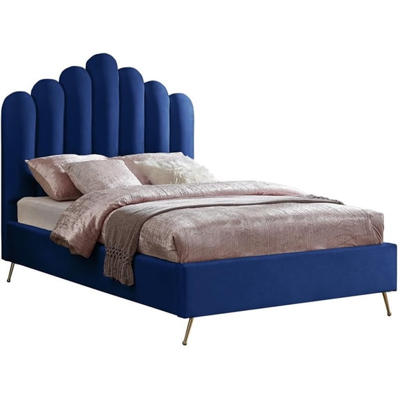 Meridian Furniture Lily Solid Wood and Tufted Velvet Full Bed in Navy