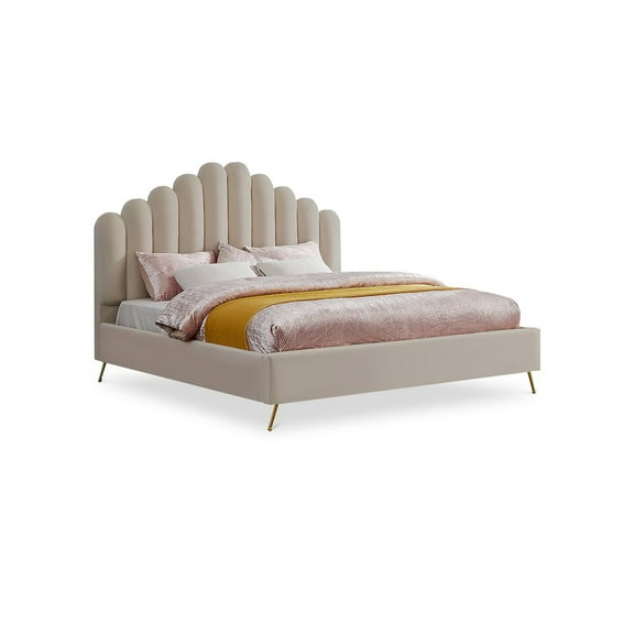 Meridian Furniture Lily Solid Wood and Tufted Velvet King Bed in Cream
