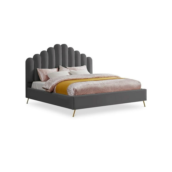 Meridian Furniture Lily Solid Wood and Tufted Velvet King Bed in Gray