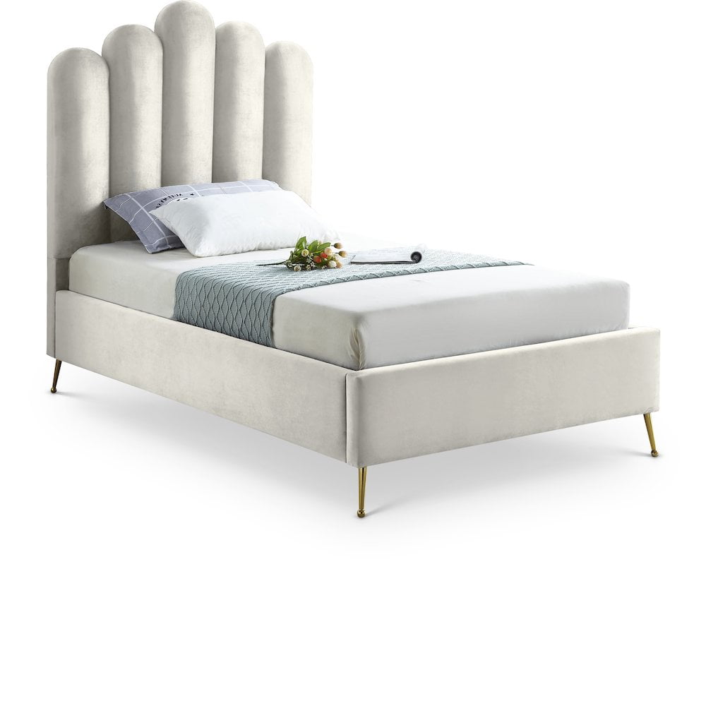 Cream Velvet Twin Bed with Tufted Upholstered Headboard and Gold Legs