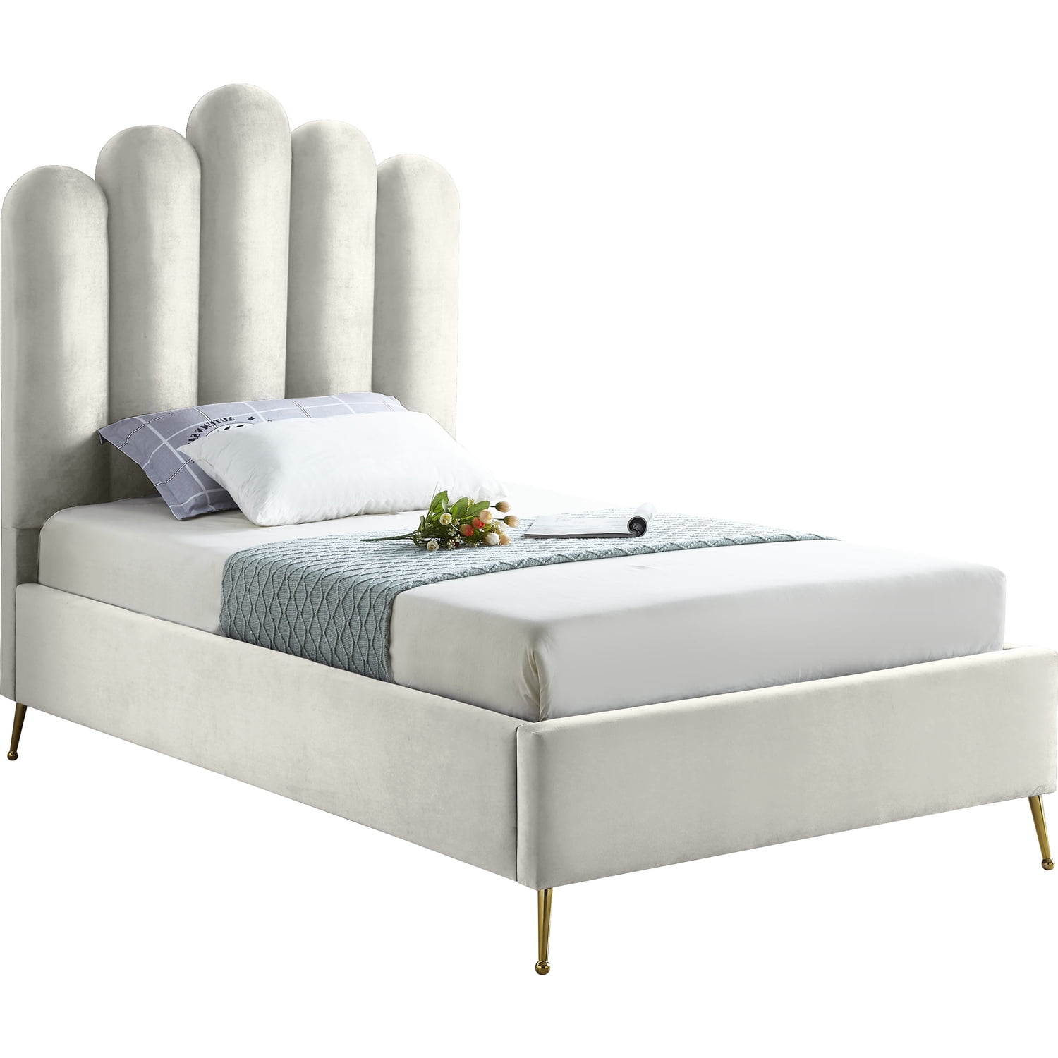 Cream Velvet Twin Bed with Tufted Upholstered Headboard and Gold Legs