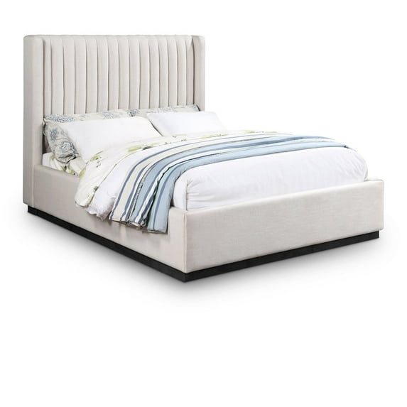 Meridian Furniture Logan Beige Linen Textured Fabric Queen Bed