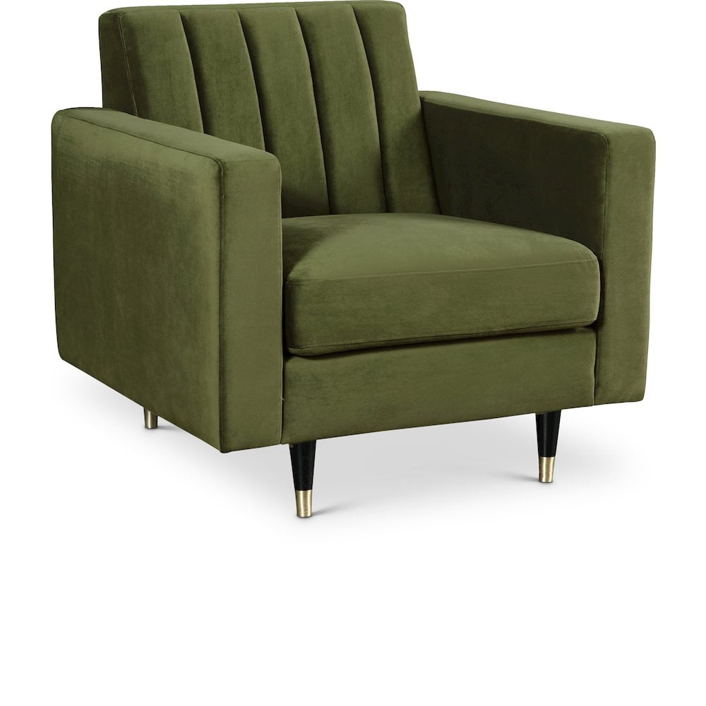 Elegant Olive Velvet Channel-Tufted Accent Chair with Gold-Tipped Legs