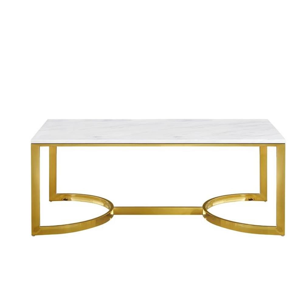 Rectangular White Marble and Gold Metal Lift-Top Coffee Table with Storage