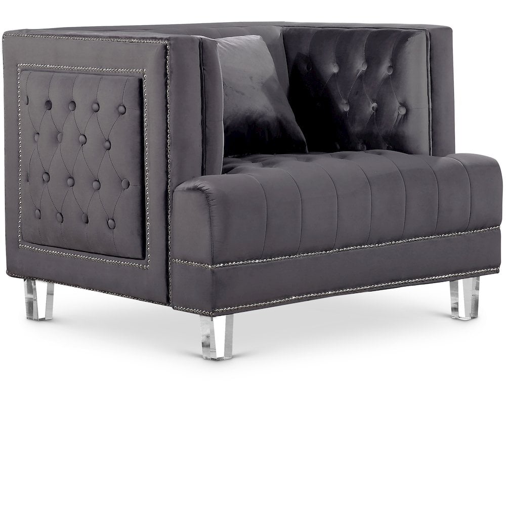 Lucas Grey Velvet Tufted Accent Chair with Acrylic Legs
