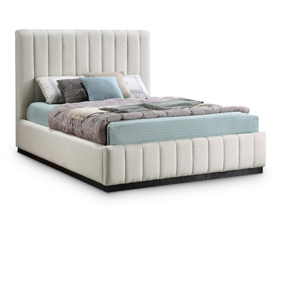 Meridian Furniture Lucia Beige Linen Textured Fabric Queen Bed