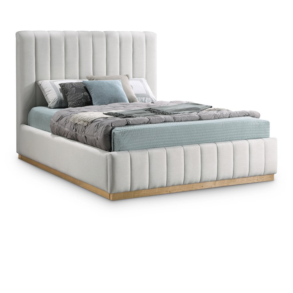 Queen Cream Linen Upholstered Bed with Tufted Headboard
