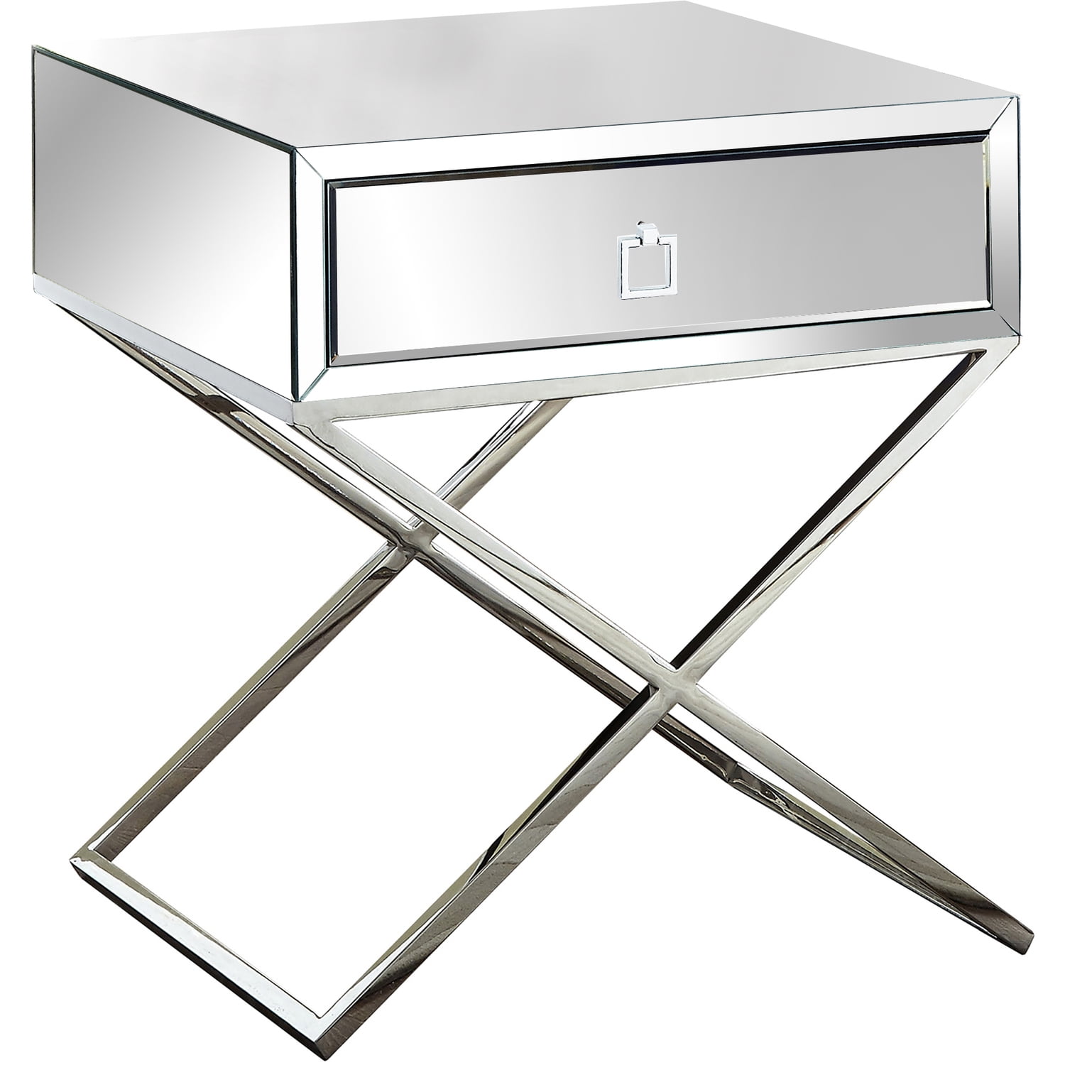 Chromed Elegance 20" Mirrored Side Table with X-Style Legs