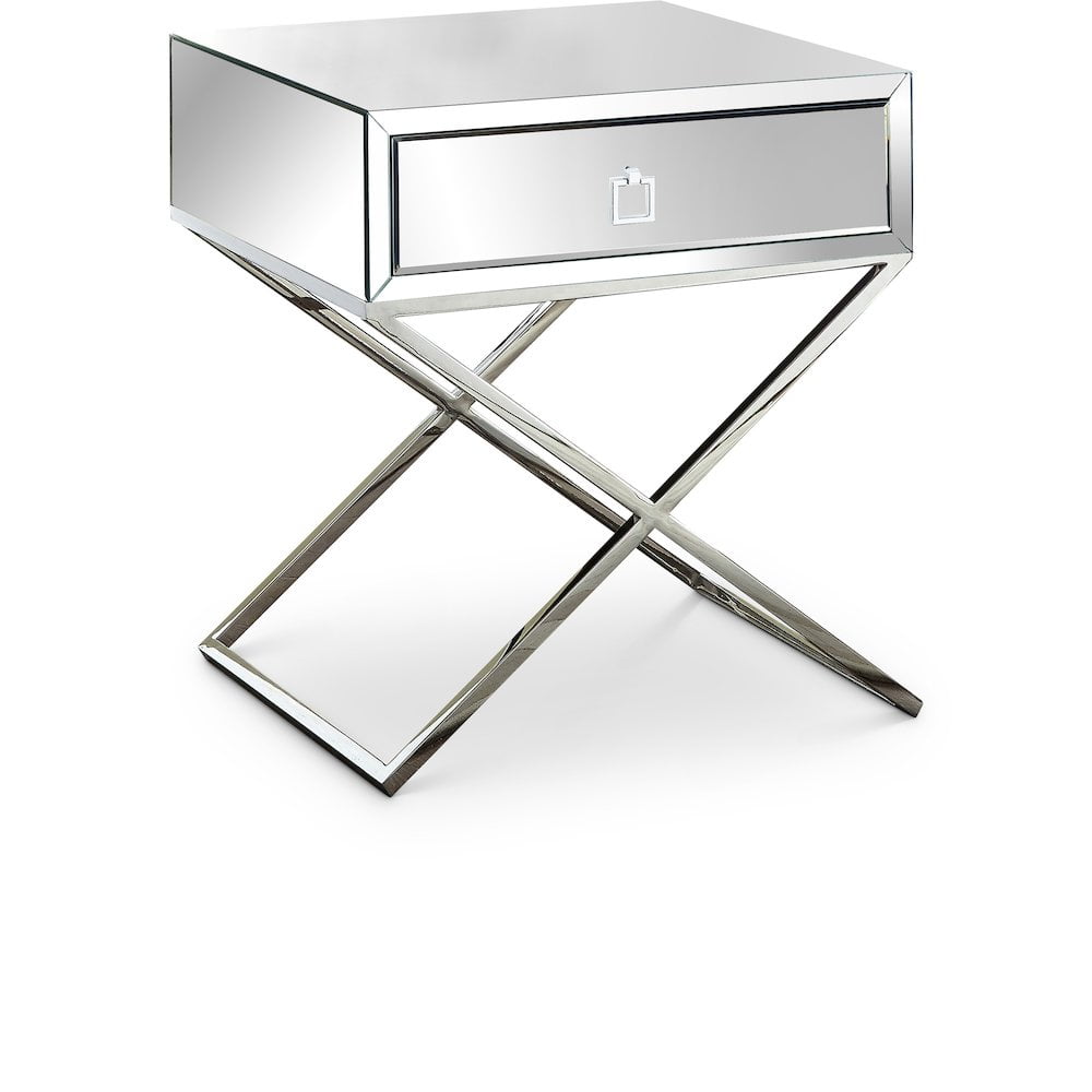 Chromed Elegance 20" Mirrored Side Table with X-Style Legs