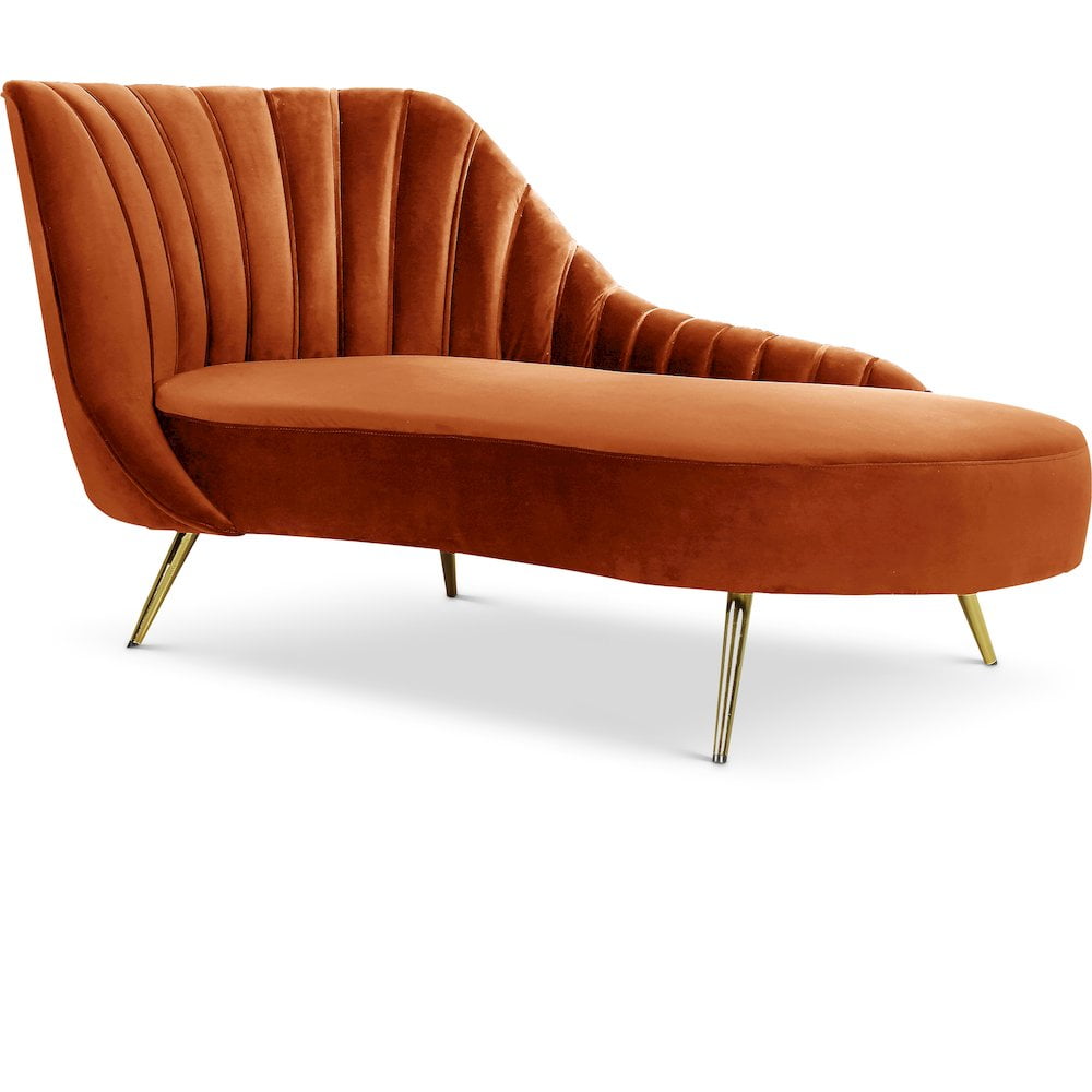 Cognac Velvet Chaise Lounge with Gold Legs