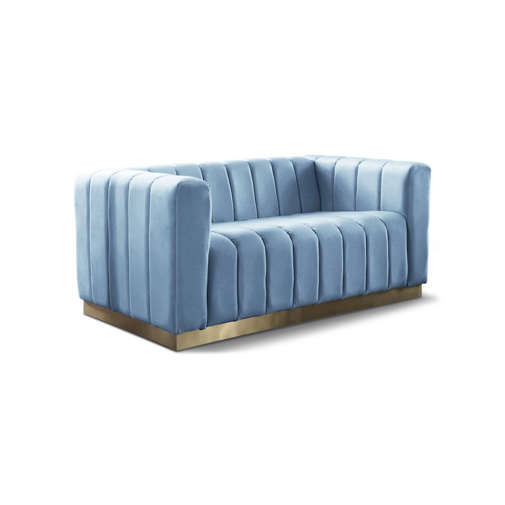 Sky Blue Velvet Channel-Tufted Loveseat with Brushed Gold Base