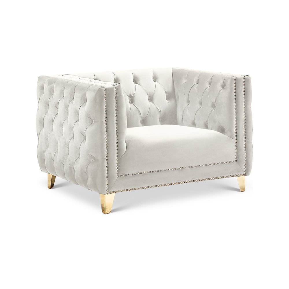 Elysian Cream Velvet Tufted Armchair with Gold Iron Legs