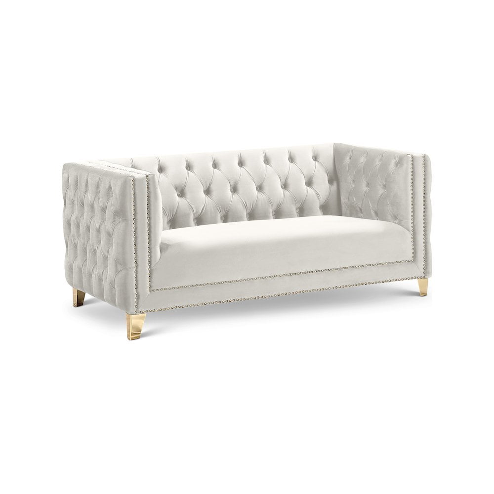 Elegant 66'' Cream Velvet Loveseat with Gold Nailhead Trim