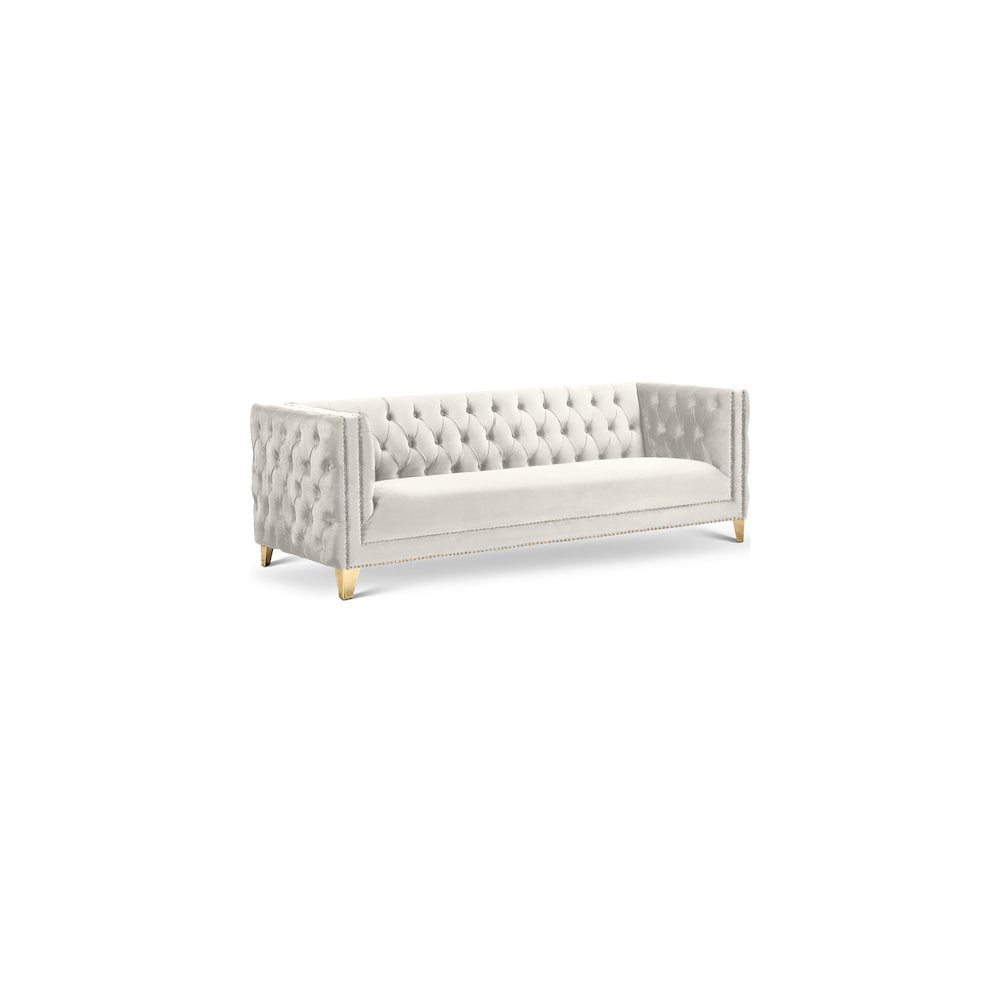 Michelle 90'' Cream Velvet Tufted Sofa with Gold Nailhead Trim