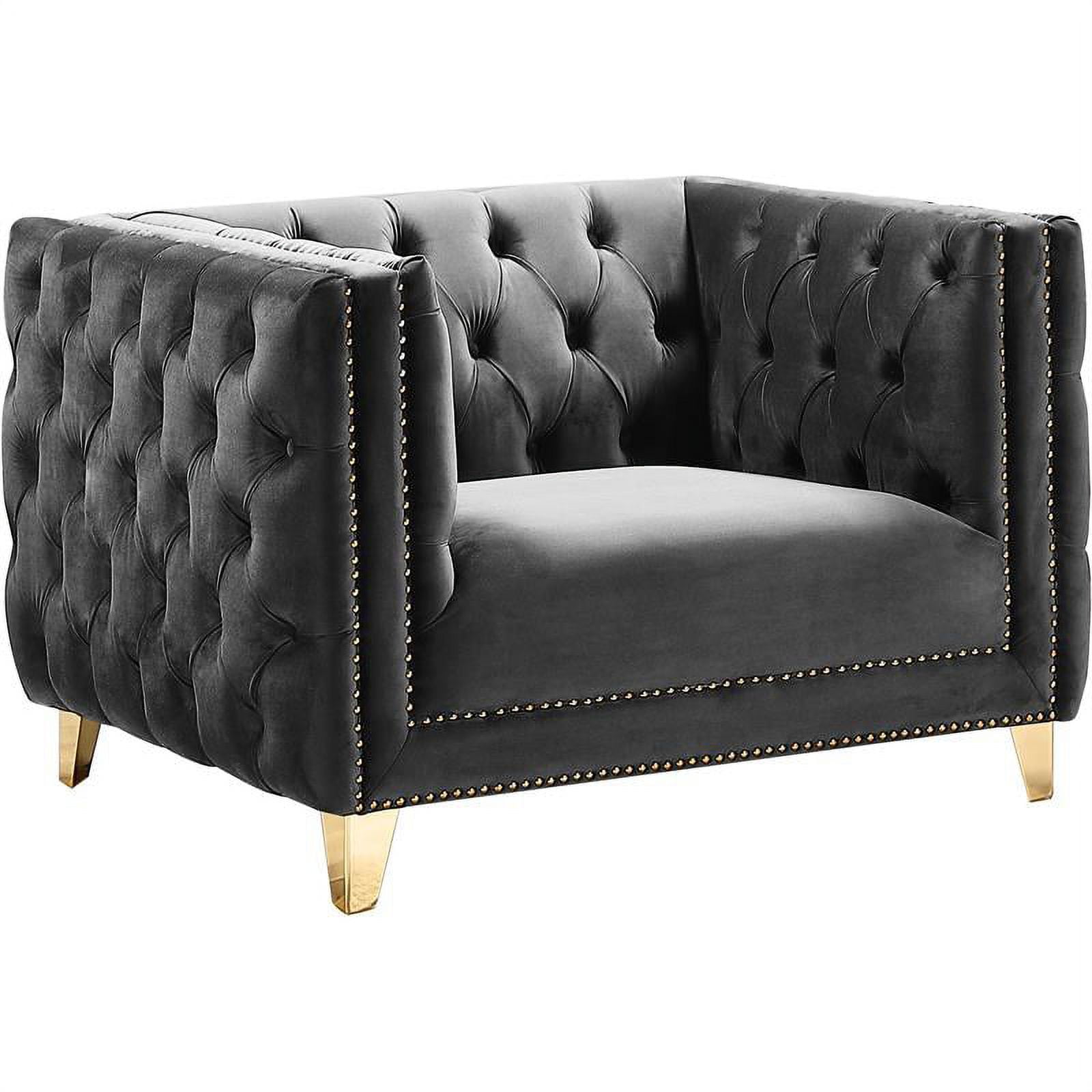 Elegant 34'' Grey Velvet Tufted Armchair with Gold Iron Legs