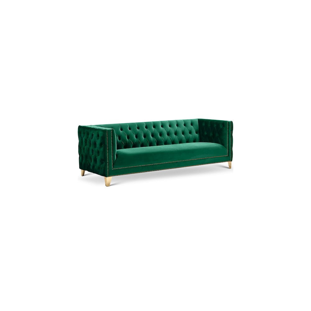 Green Velvet Tufted Sofa with Gold Nailhead Trim