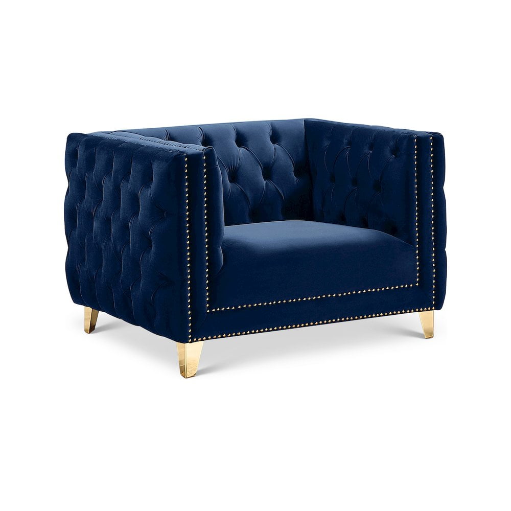Michelle Navy Velvet 34" Glamorous Armchair with Gold Iron Legs