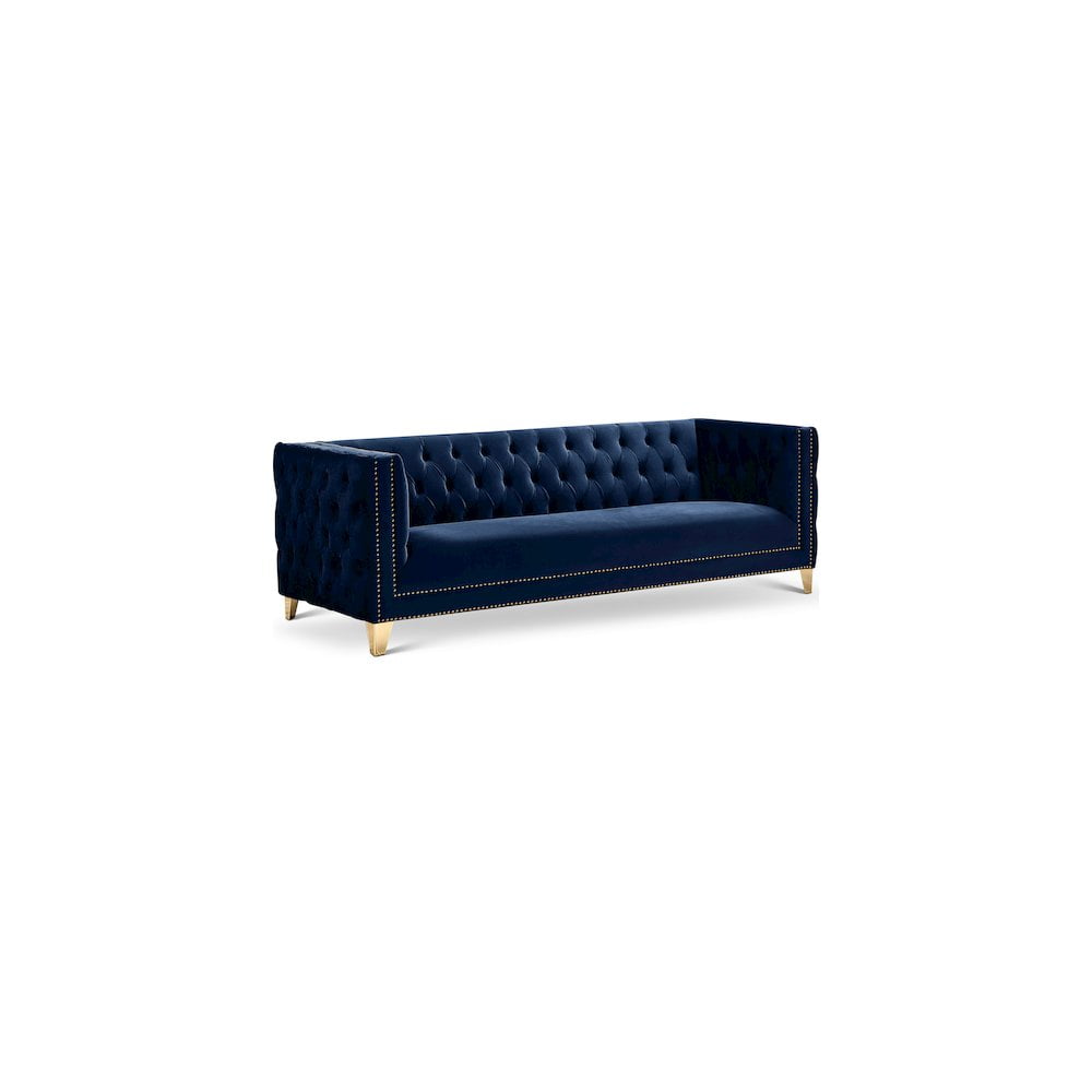Michelle 90'' Navy Velvet Tufted Sofa with Gold Nailhead Trim