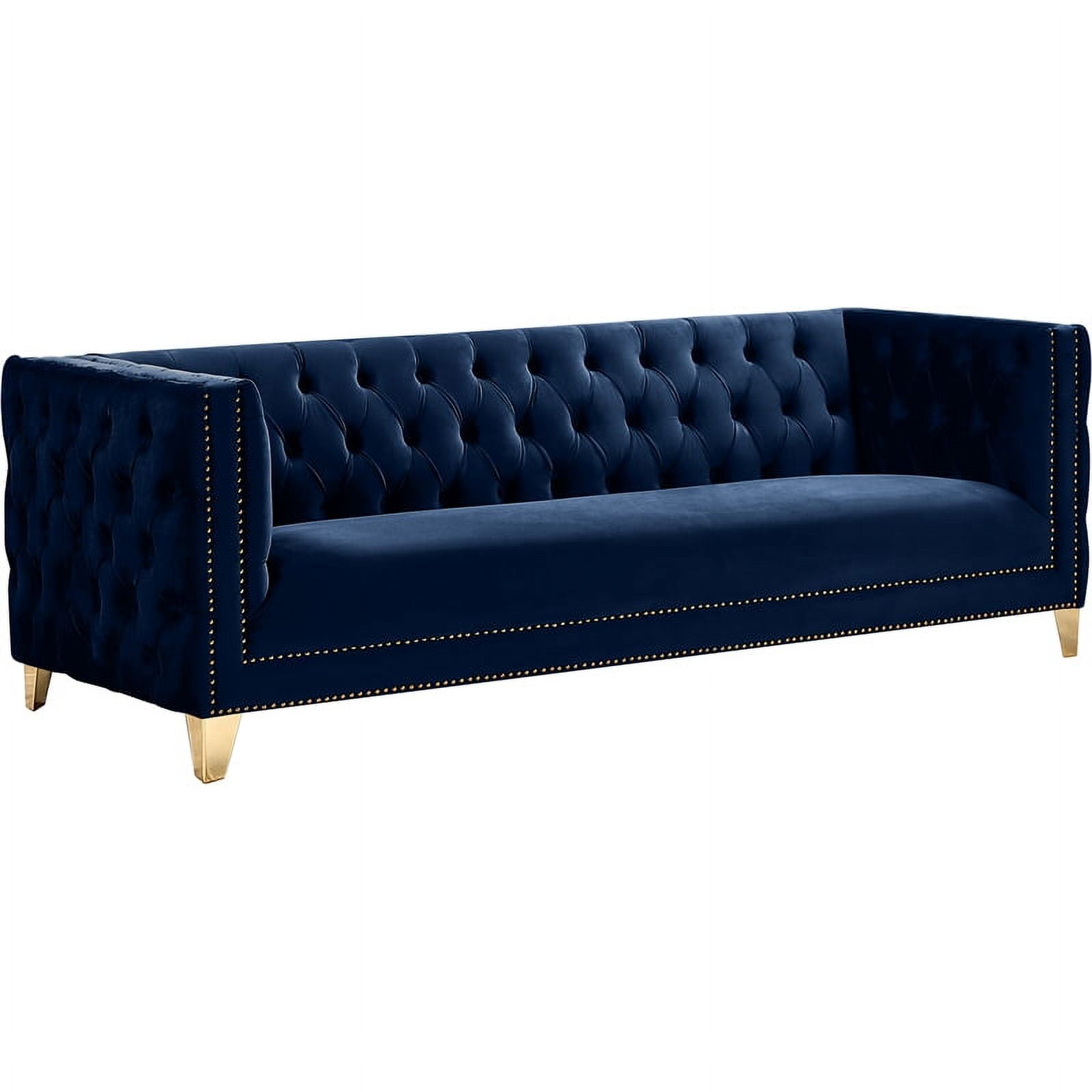 Michelle 90'' Navy Velvet Tufted Sofa with Gold Nailhead Trim