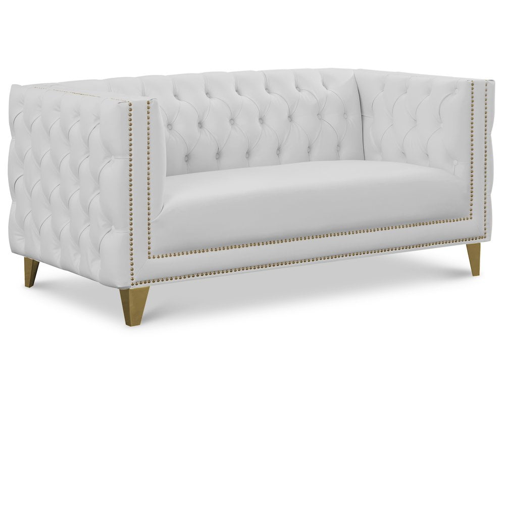 Michelle 66'' White Tufted Faux Leather Loveseat with Gold Nailhead Trim