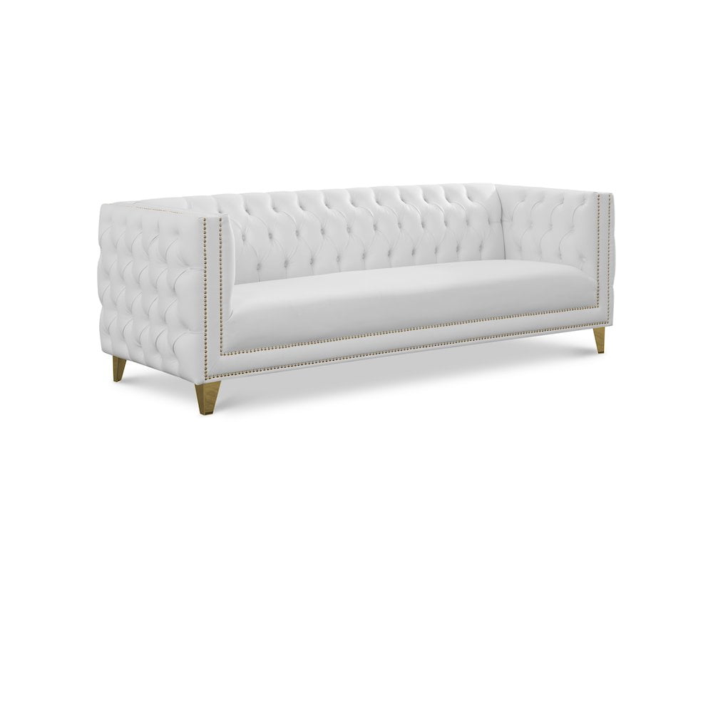 Michelle 90'' White Faux Leather Tufted Sofa with Gold Nailhead Trim