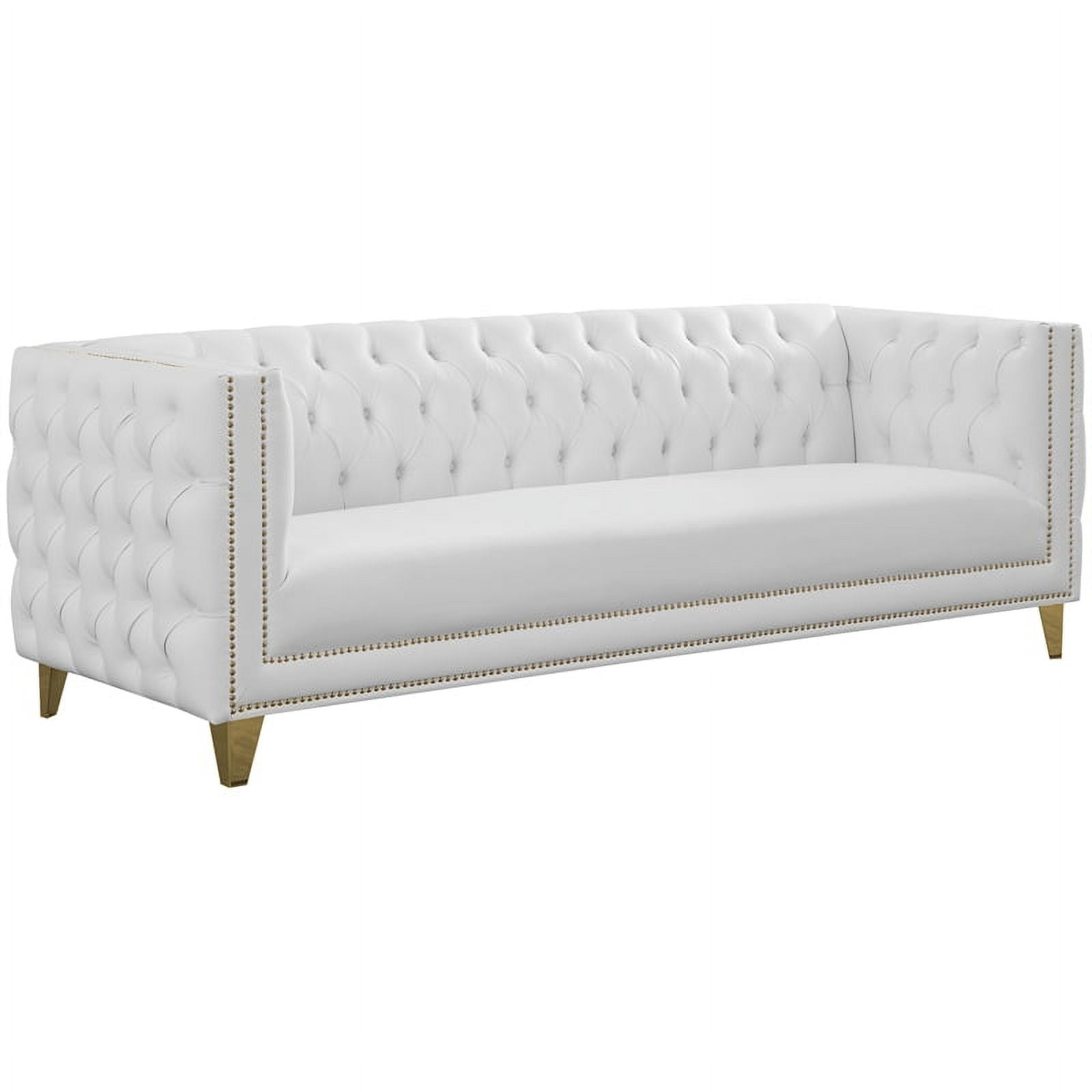 Michelle 90'' White Faux Leather Tufted Sofa with Gold Nailhead Trim