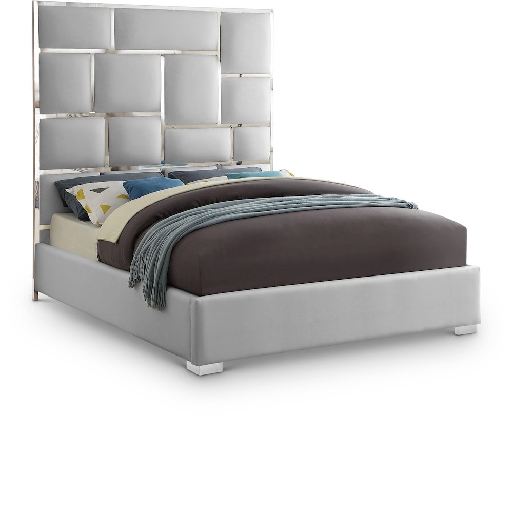 Milan 84.5" White Faux Leather King Bed with Chromed Metal Frame