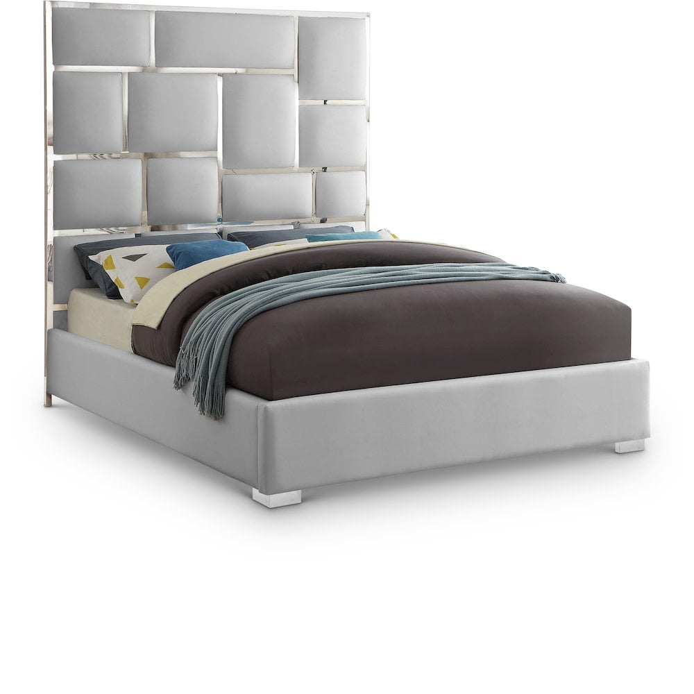 Milan 70'' White Faux Leather Queen Bed with Chrome Accents