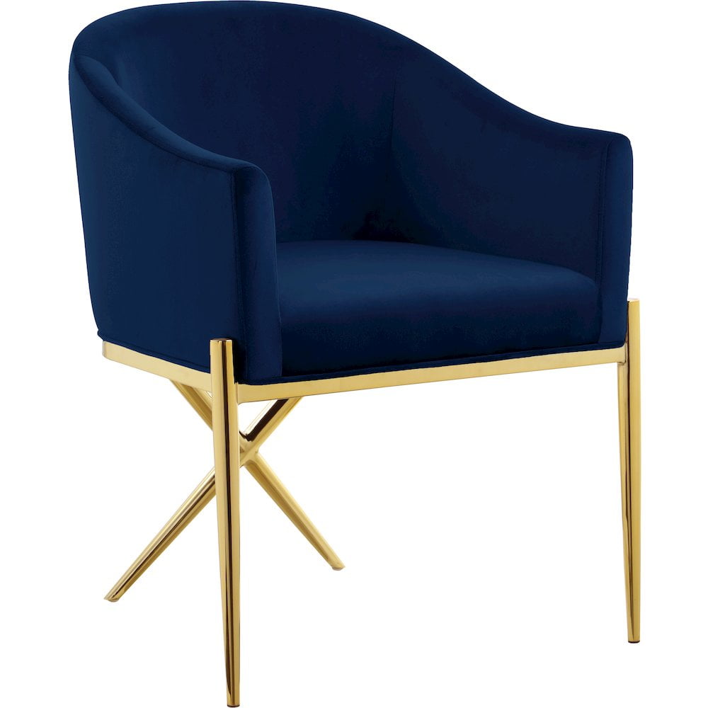 Luxurious Navy Velvet Upholstered Arm Chair with Gold Wooden Legs