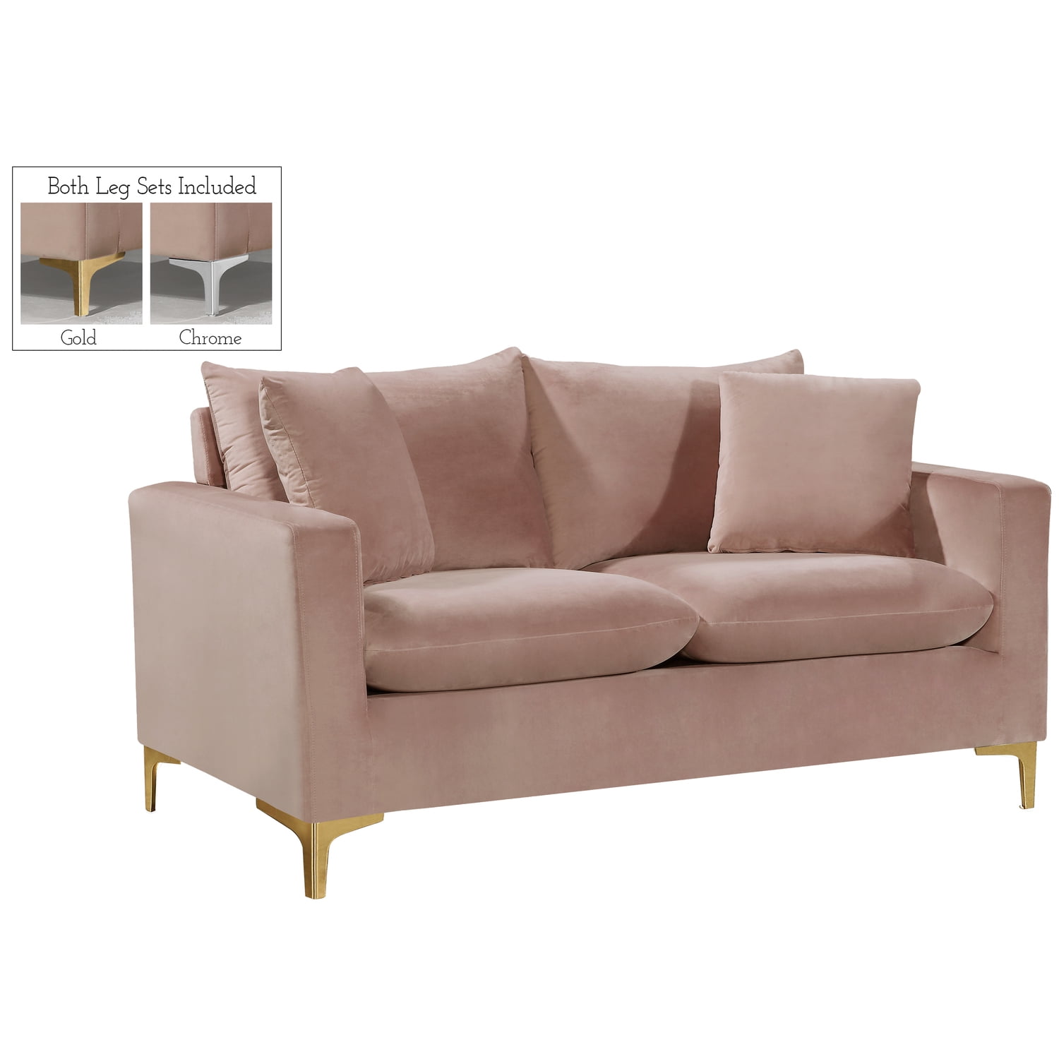 Naomi Plush Pink Velvet Loveseat with Solid Wood Frame and Customizable Legs