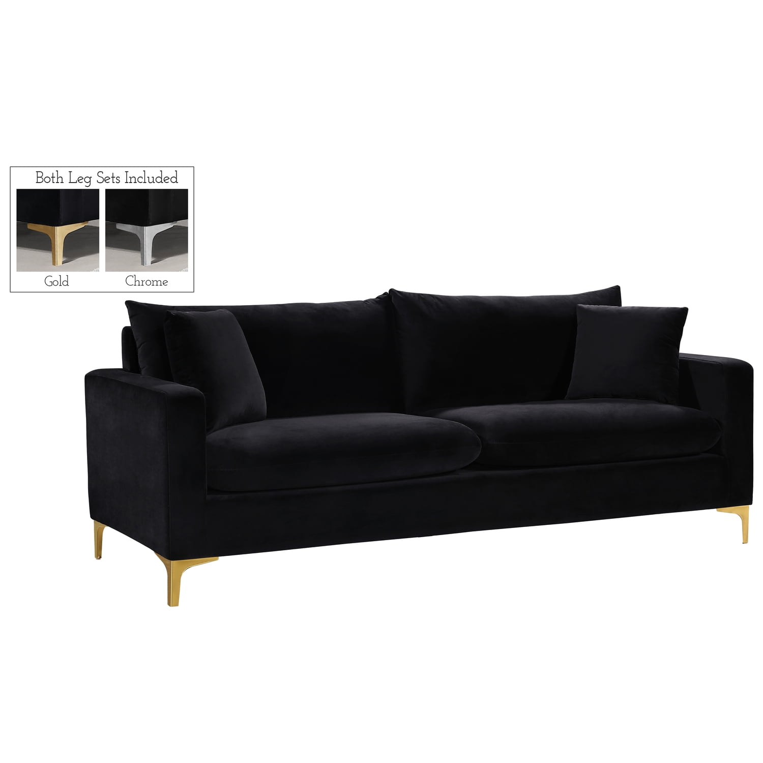 Naomi Black Velvet Sofa with Gold and Chrome Legs