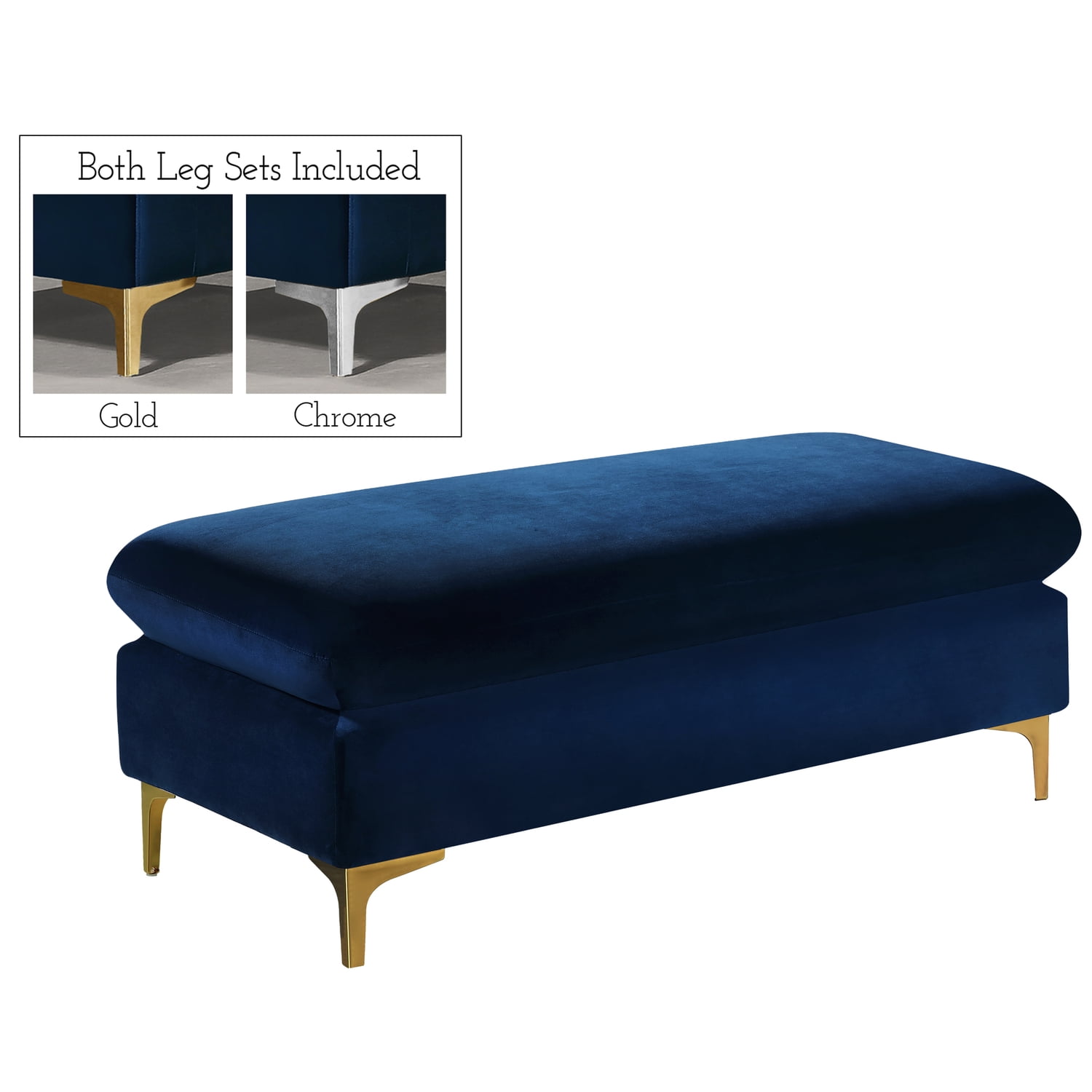 Naomi Navy Velvet Ottoman with Chrome Legs