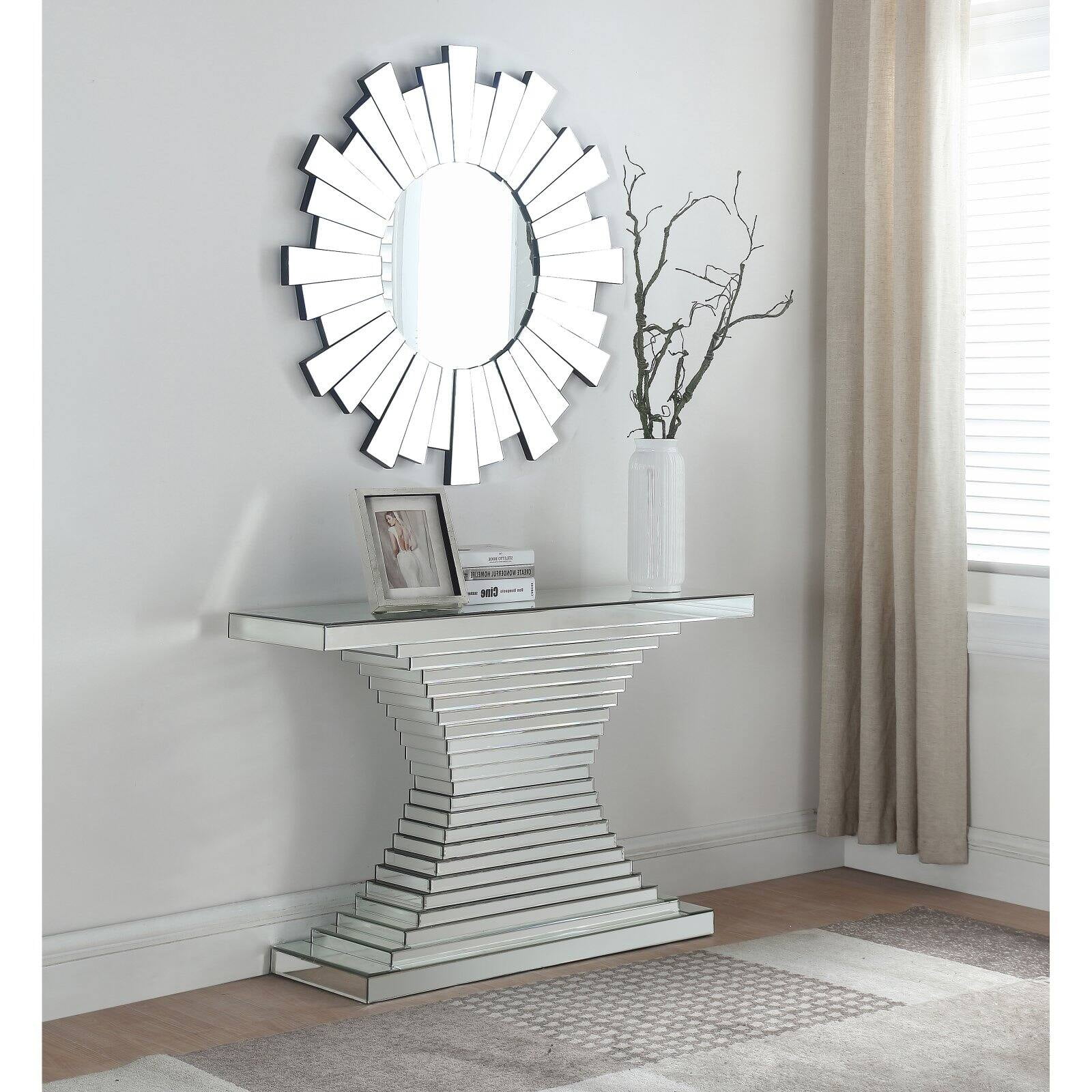 Mirrored Geometric Sunburst Wood Console Table